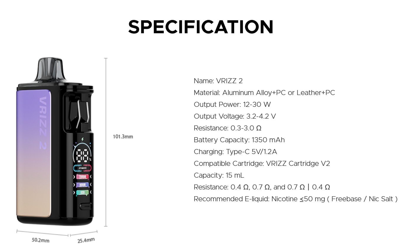 voopoo vrizz 2 pod kit specifications